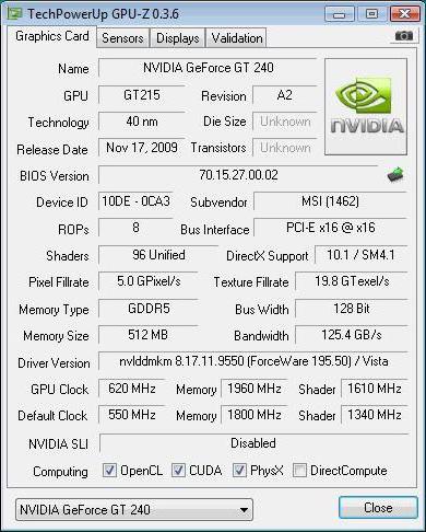 NVidia GeForce GT 240 Graphics Accelerator: מפרטים, מפרטים וחוות דעת